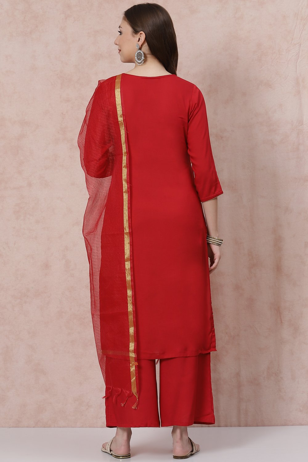 Red Solid Straight Suit Set image number 4